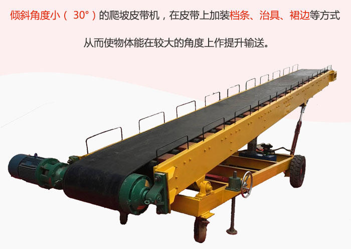 傾斜角度小（ 30°）的爬坡皮帶機(jī)，在皮帶上加裝檔條、治具、裙邊等方式從而使物體能在較大的角度上作提升輸送。